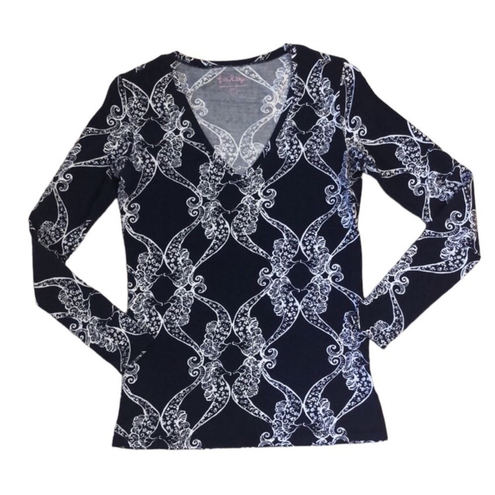 Lilly Pulitzer Kissing Seahorse Jodie V-neck Longsleeve Blue and White Size XS